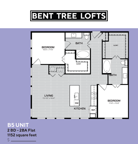 Floor plan for 2 beds, 2 baths, 1152 sqft